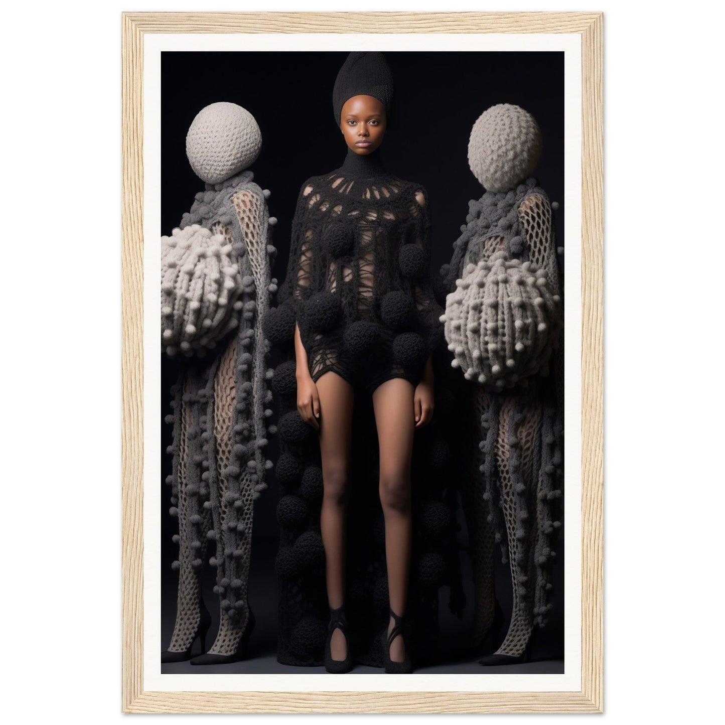 Striking portrait of a person in a black outfit flanked by two textured, sculptural figures.