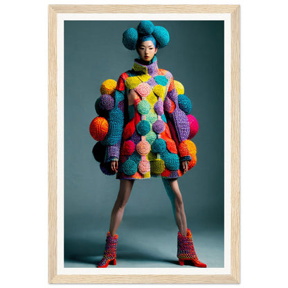 Colorful knitted dress adorned with numerous vibrant pom-poms of various sizes.