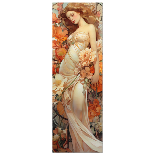 A woman in a flowing white dress surrounded by vibrant orange and peach flowers.