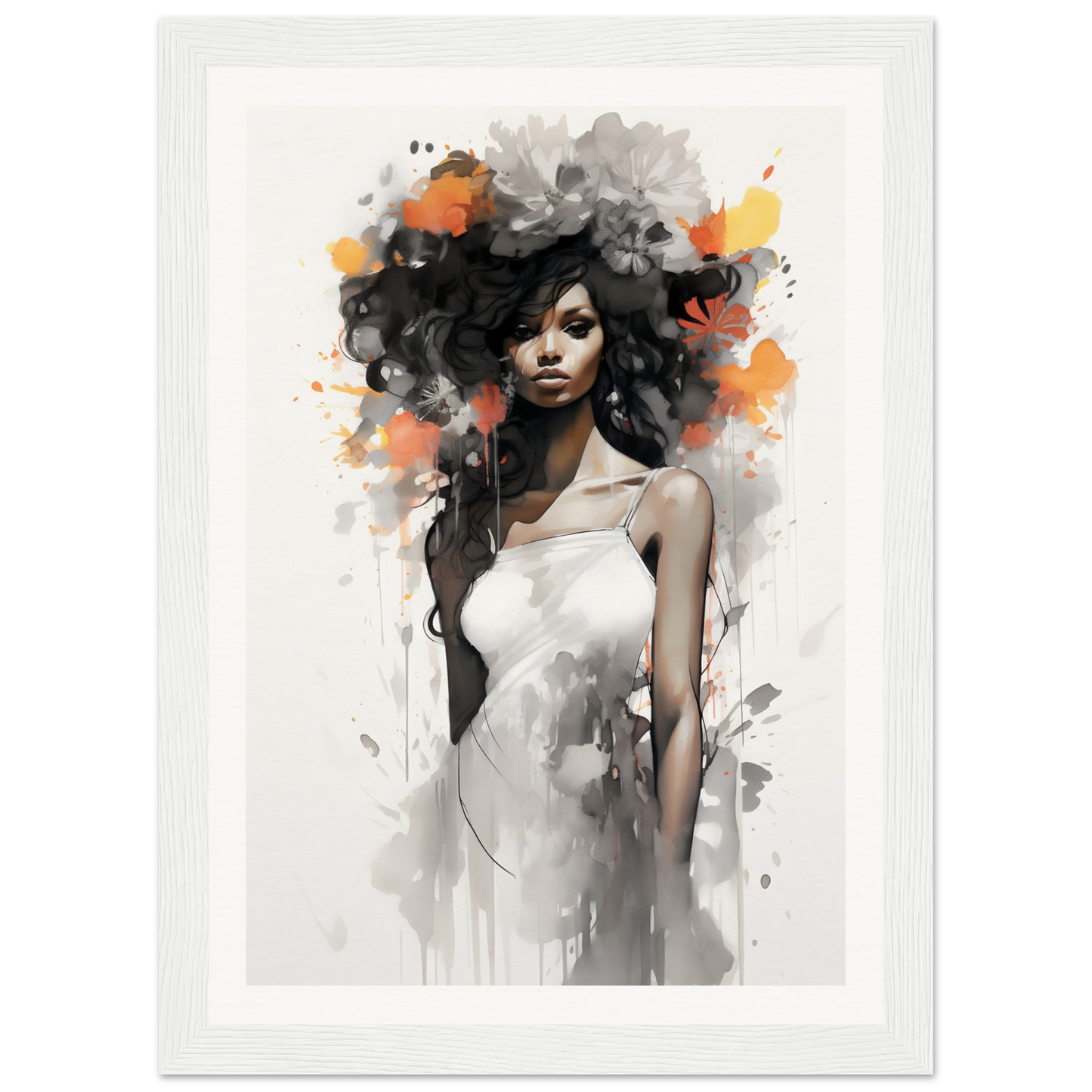 Artistic portrait of a woman with voluminous dark hair and a white dress, rendered in a watercolor and ink style with splashes of orange and gray.