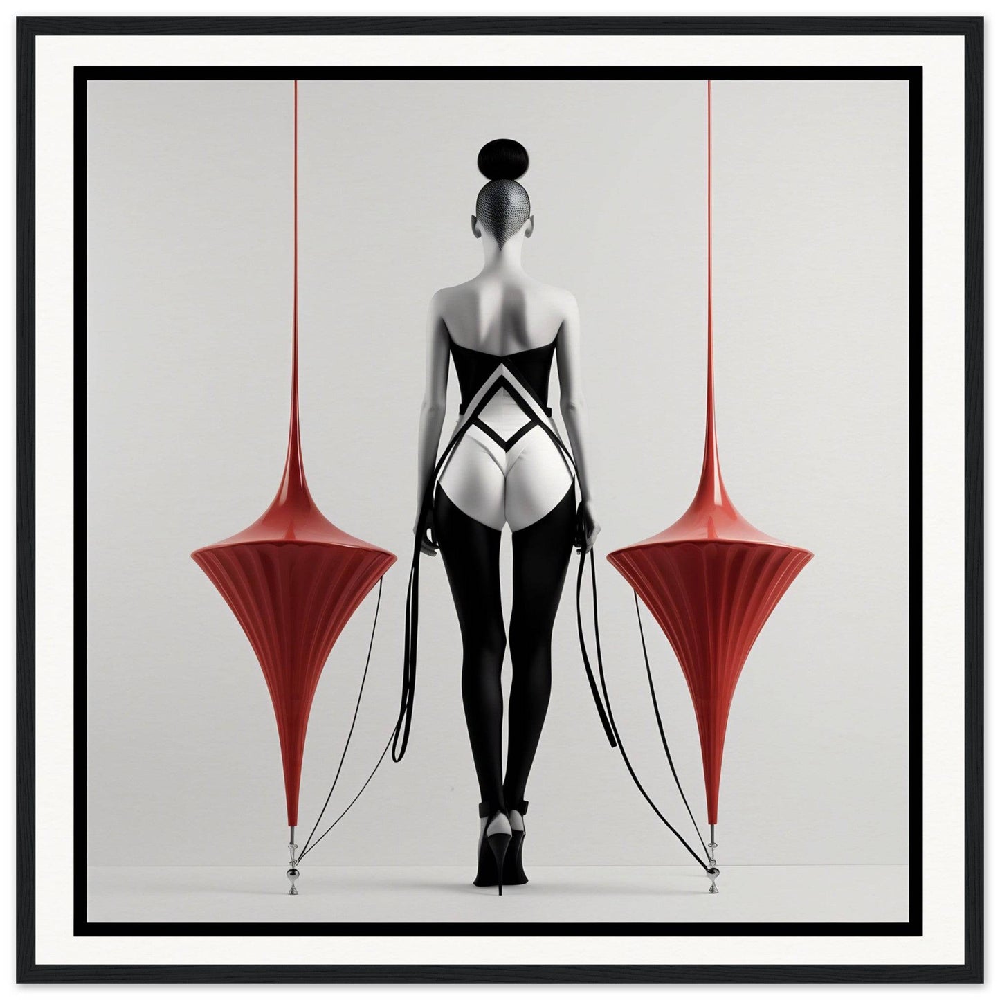 Silhouette of a woman in revealing attire standing between two red cone-shaped objects.