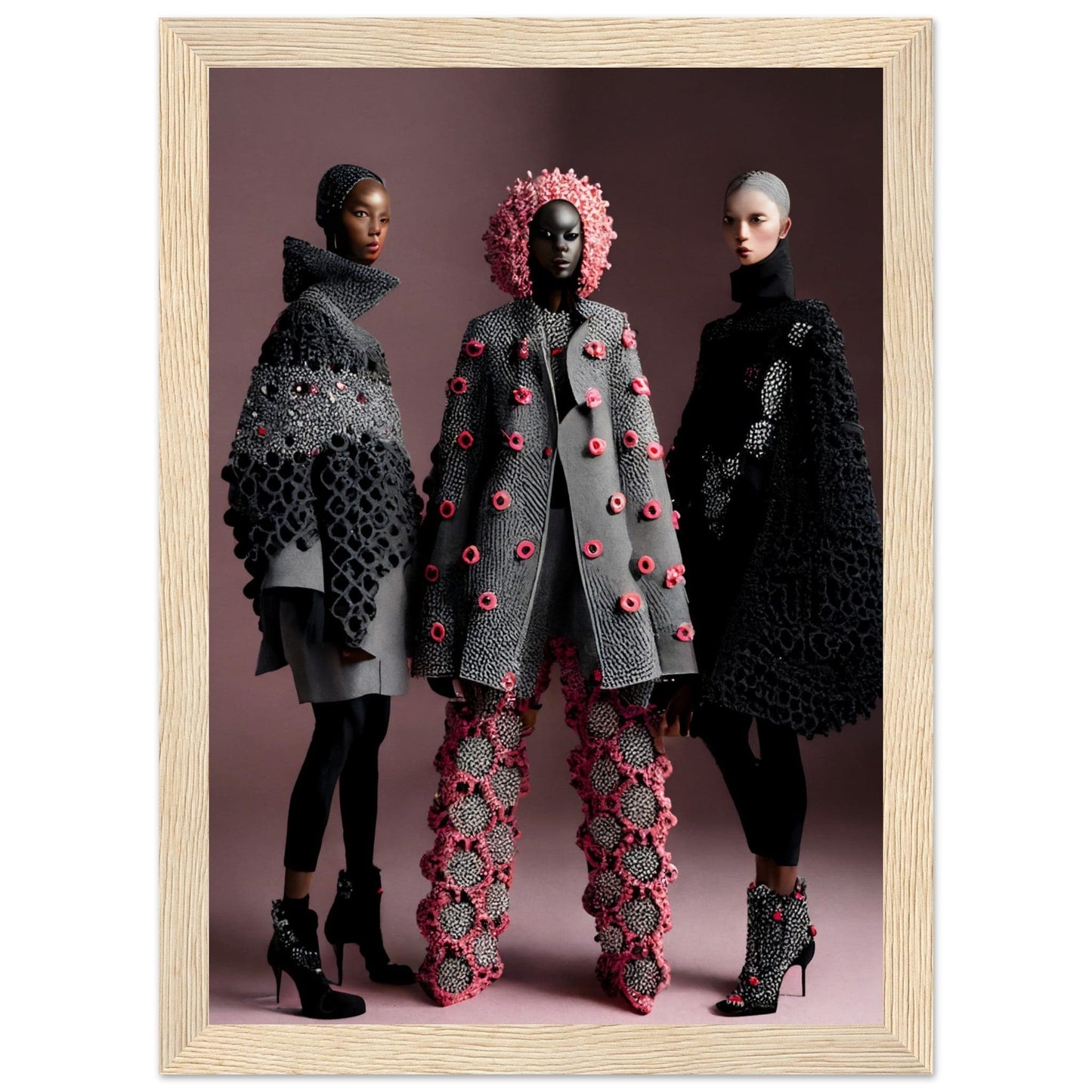 Three models wearing avant-garde, textured outerwear and accessories in gray, black, and pink tones.