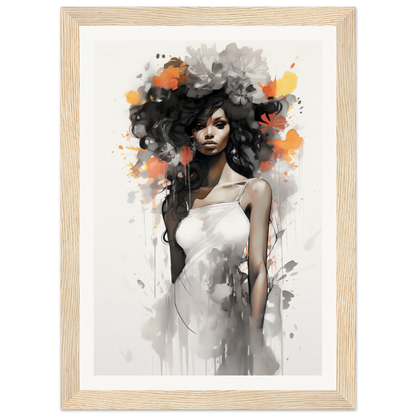 Artistic portrait of a woman with voluminous dark hair and a white dress, rendered in a watercolor and ink style with splashes of orange and gray.