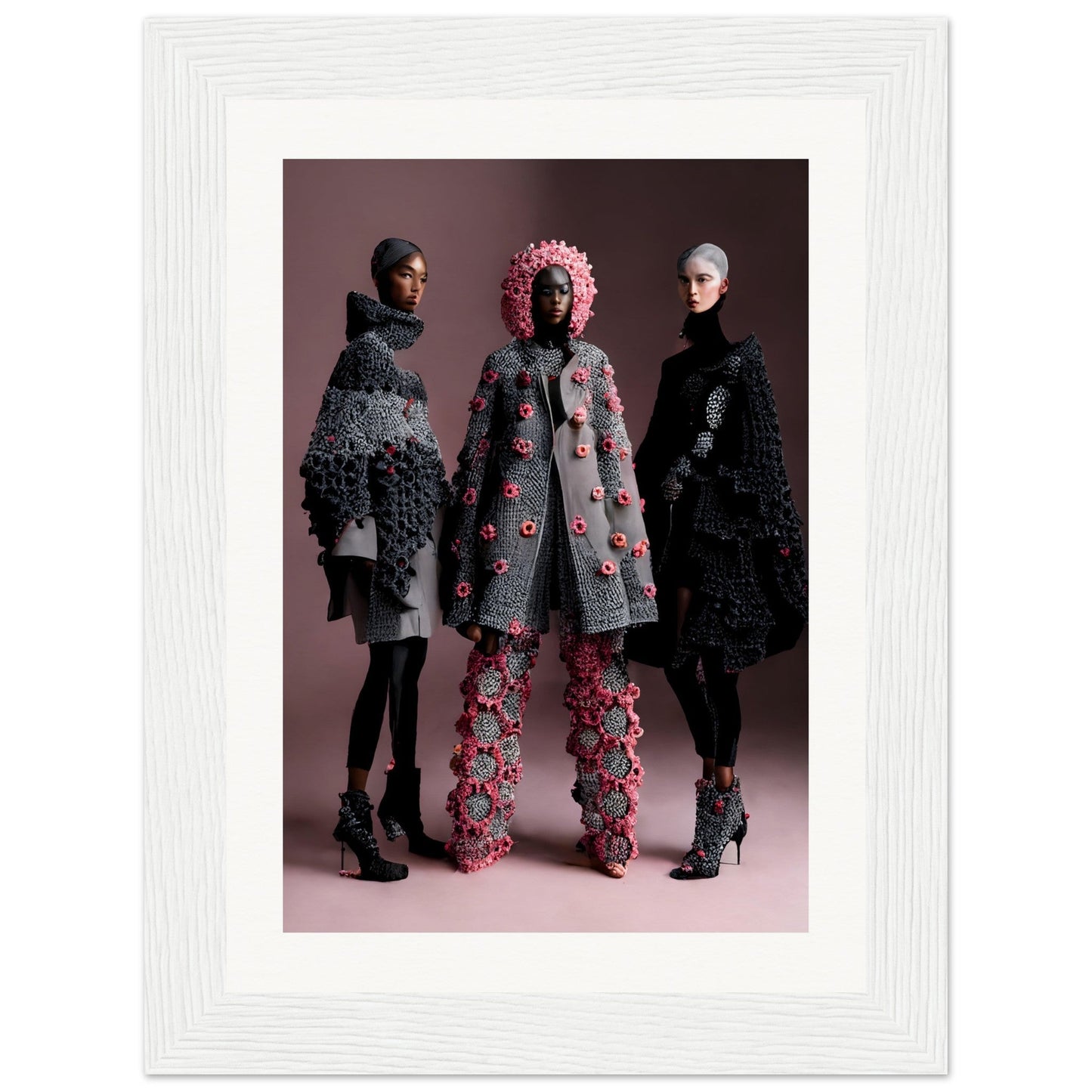 Fashion photograph featuring three models wearing avant-garde floral and textured outerwear designs.