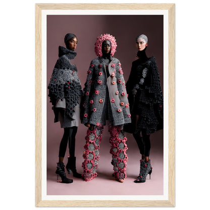 Fashion photograph featuring three models wearing avant-garde, textured outerwear with floral embellishments.