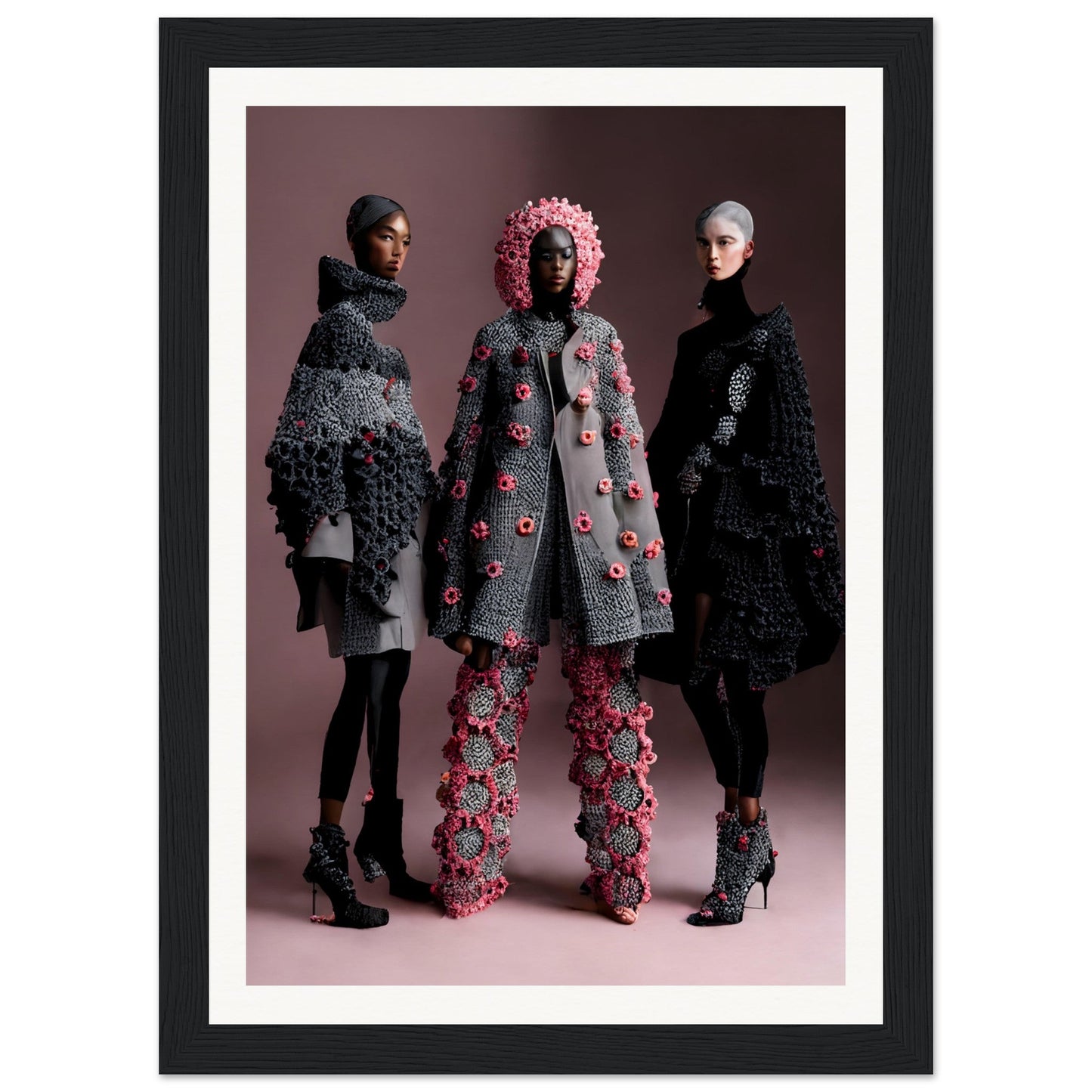 Framed photograph of three models wearing avant-garde winter coats and accessories.