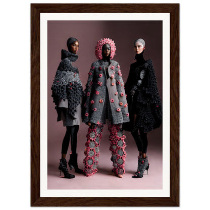 Three models wearing avant-garde knitted outfits with floral and textural embellishments.