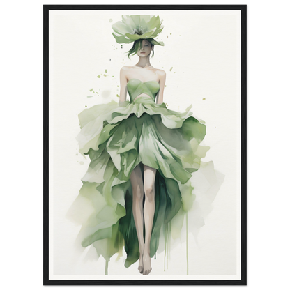 Watercolor-style painting of a figure wearing an elaborate green dress resembling flower petals.