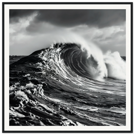 A powerful ocean wave curls with spray against a stormy sky in Eternal Liquid Crescendo