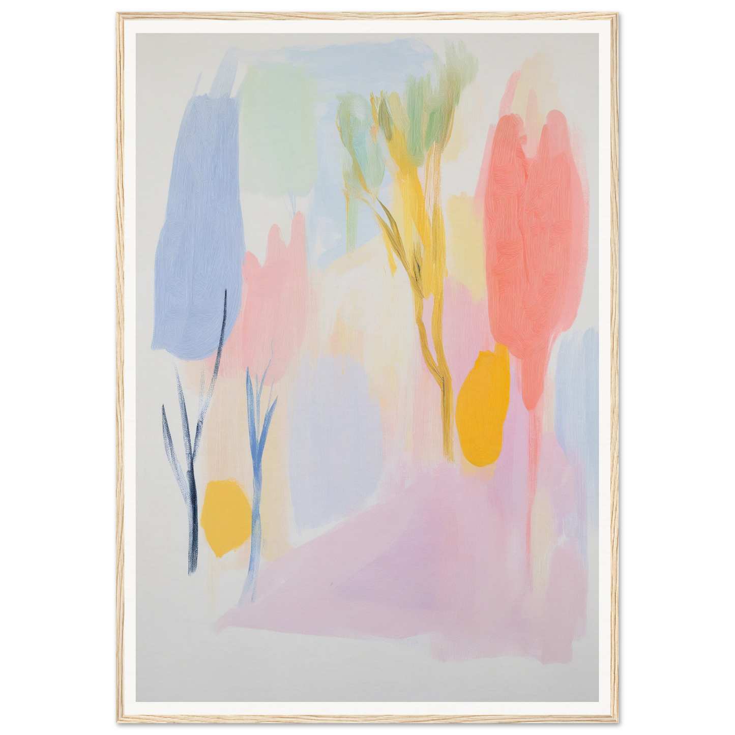 Framed abstract painting in pastel hues, perfect for enhancing your room decor.