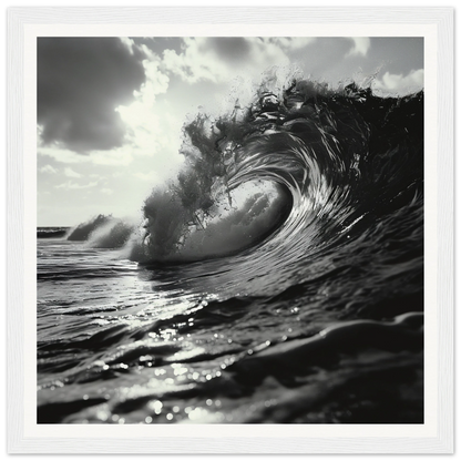 Curling ocean wave with spray, featured in Eternal Wave Symphony framed posters