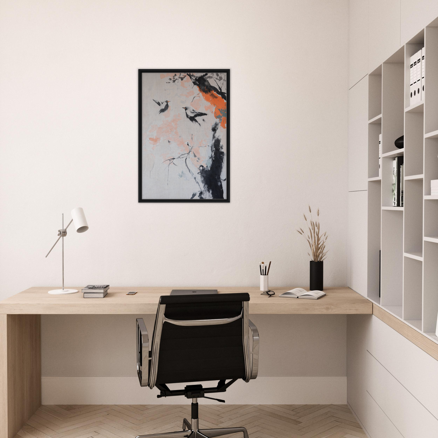 Minimalist home office featuring Feathered Silence Symphony wall art and stylish decor