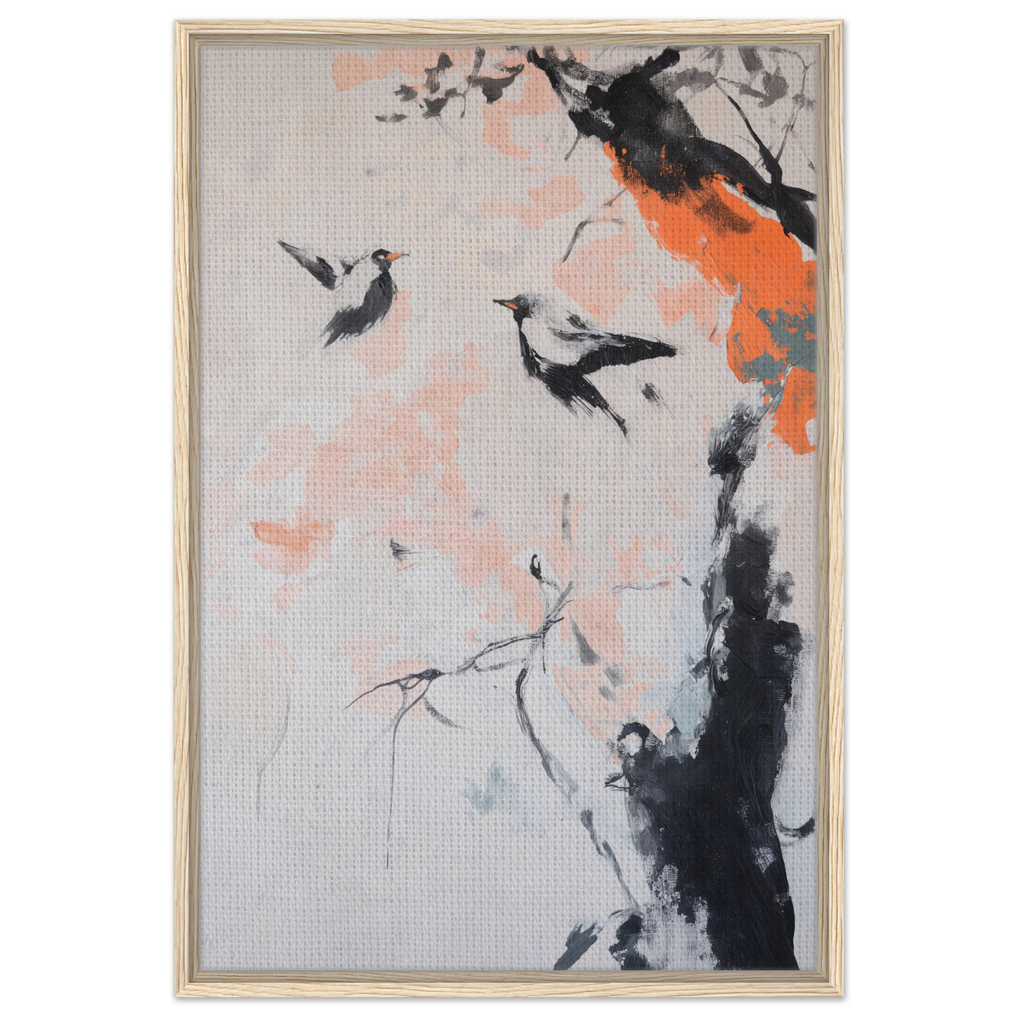 Abstract painting of birds and branches in black, orange, and gray for Feathered Silence Symphony