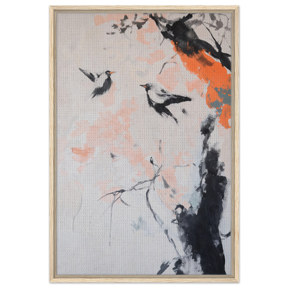 Abstract painting of birds and branches in black, orange, and gray for Feathered Silence Symphony