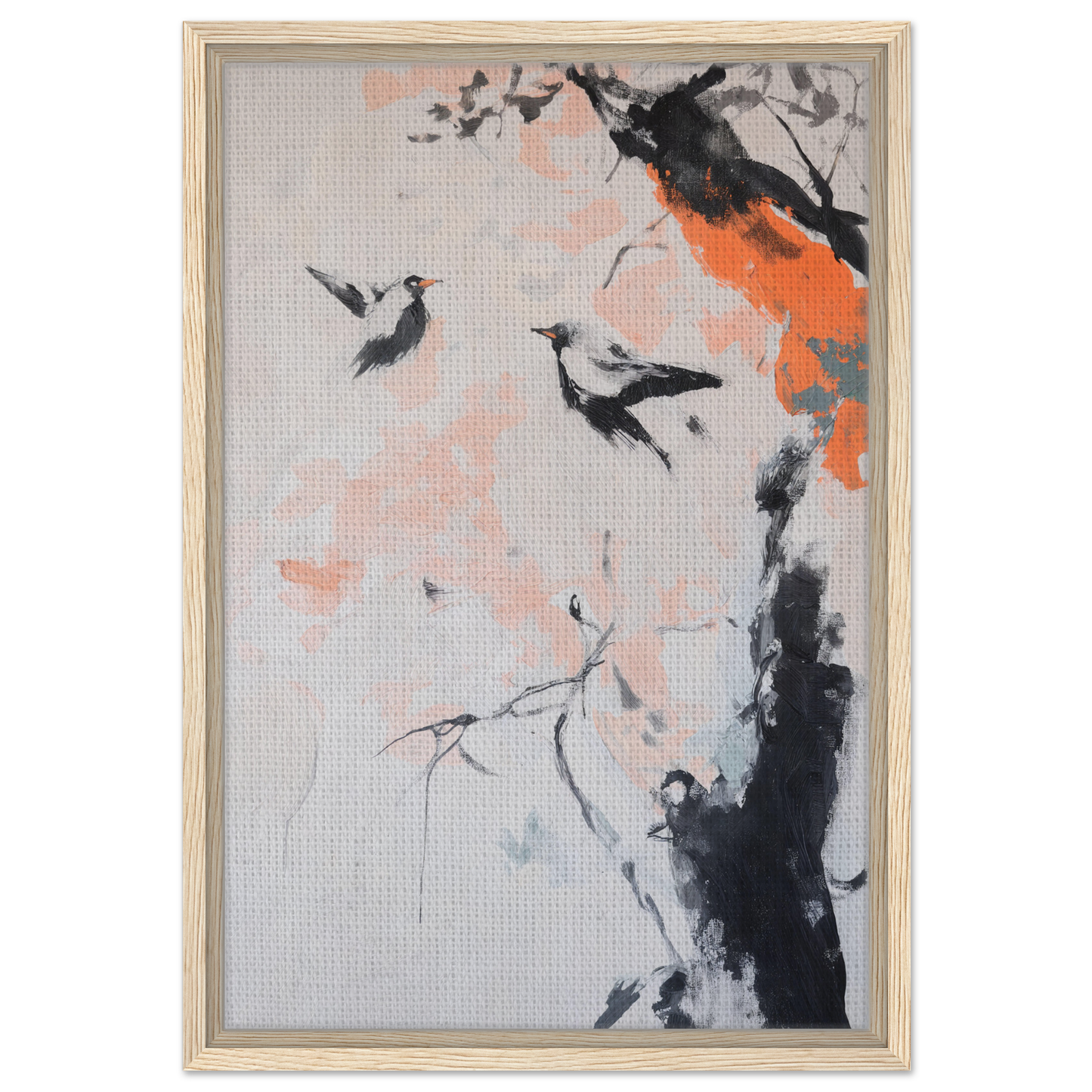 Abstract painting of birds and branches in black, orange, and gray for Feathered Silence Symphony