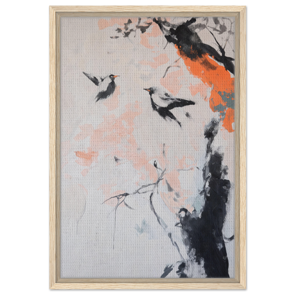 Abstract painting of birds and branches in black, orange, and gray for Feathered Silence Symphony