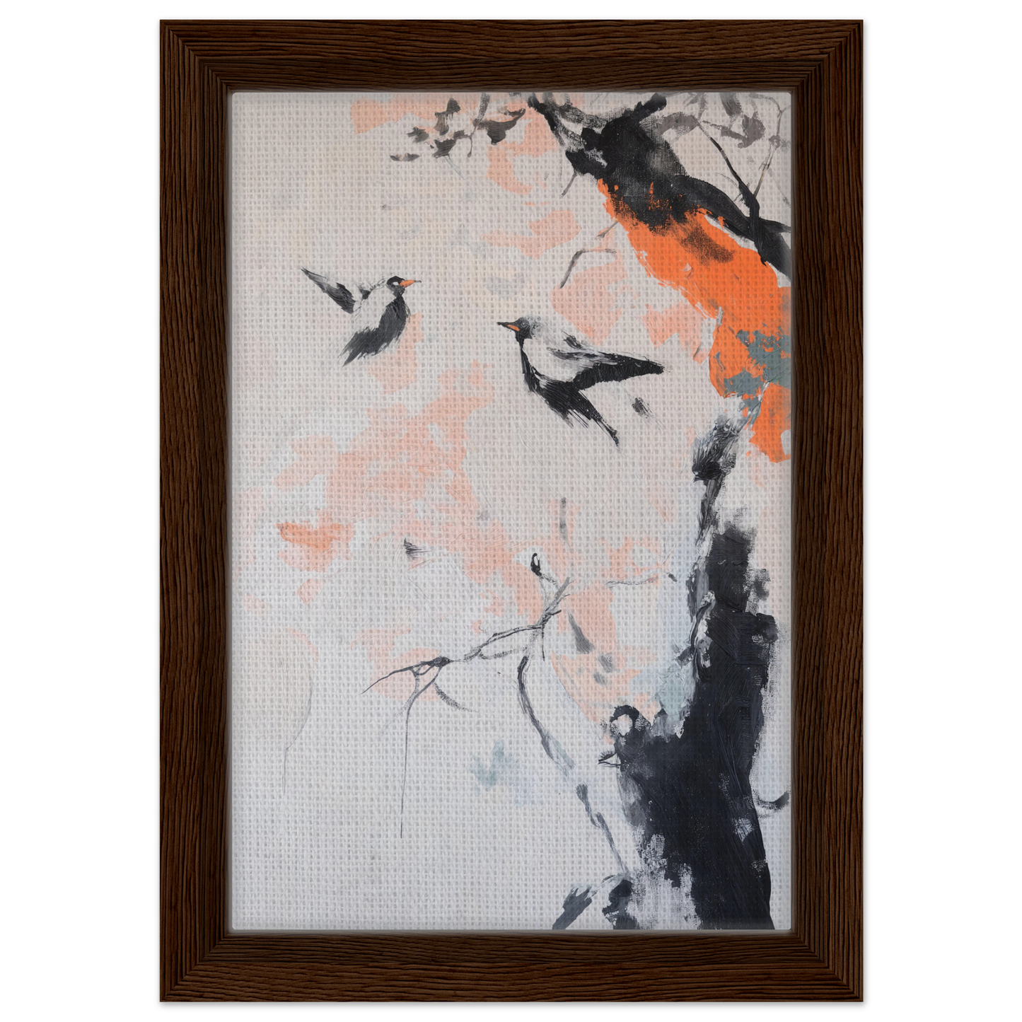 Framed canvas print of Feathered Silence Symphony with abstract birds and tree branch