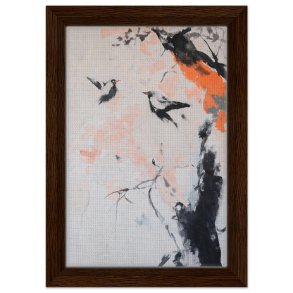 Framed canvas print of Feathered Silence Symphony with abstract birds and tree branch