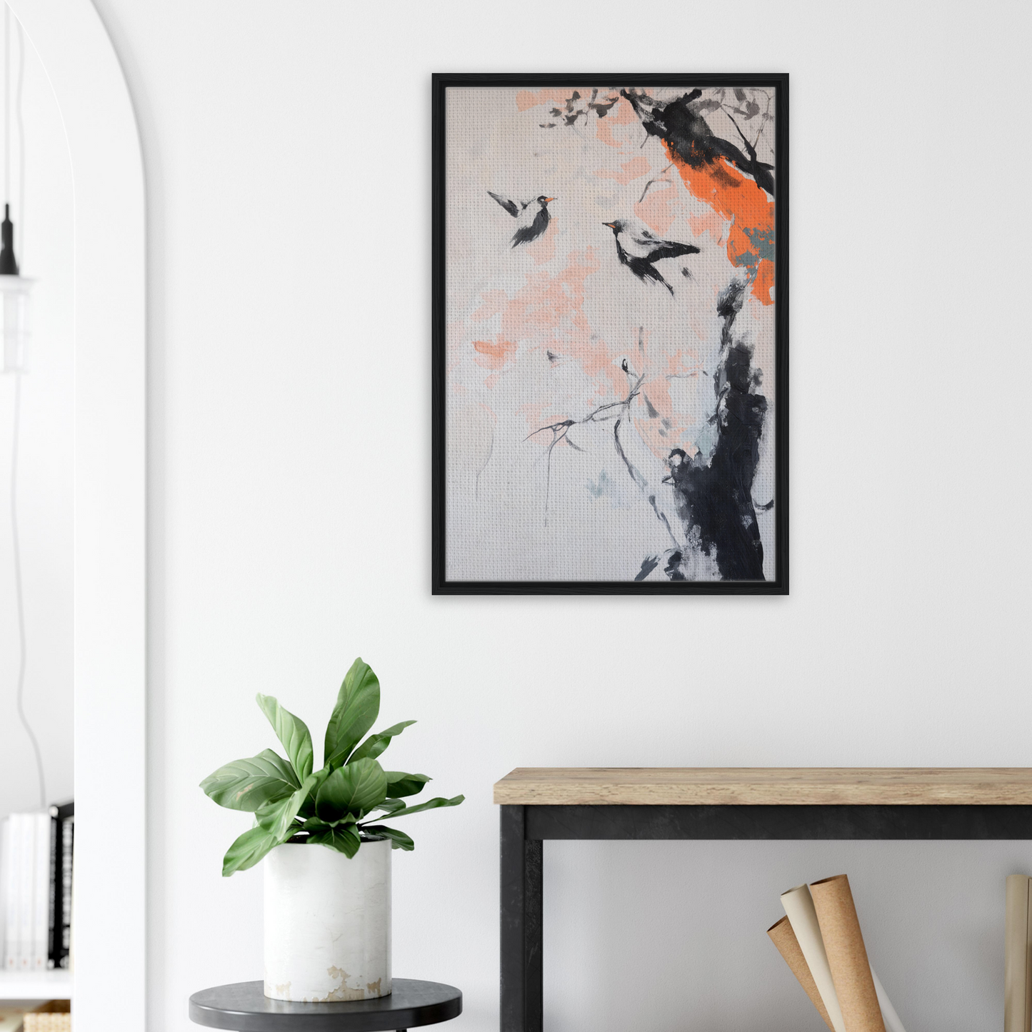 Framed abstract painting of birds in black and orange for Feathered Silence Symphony room decor