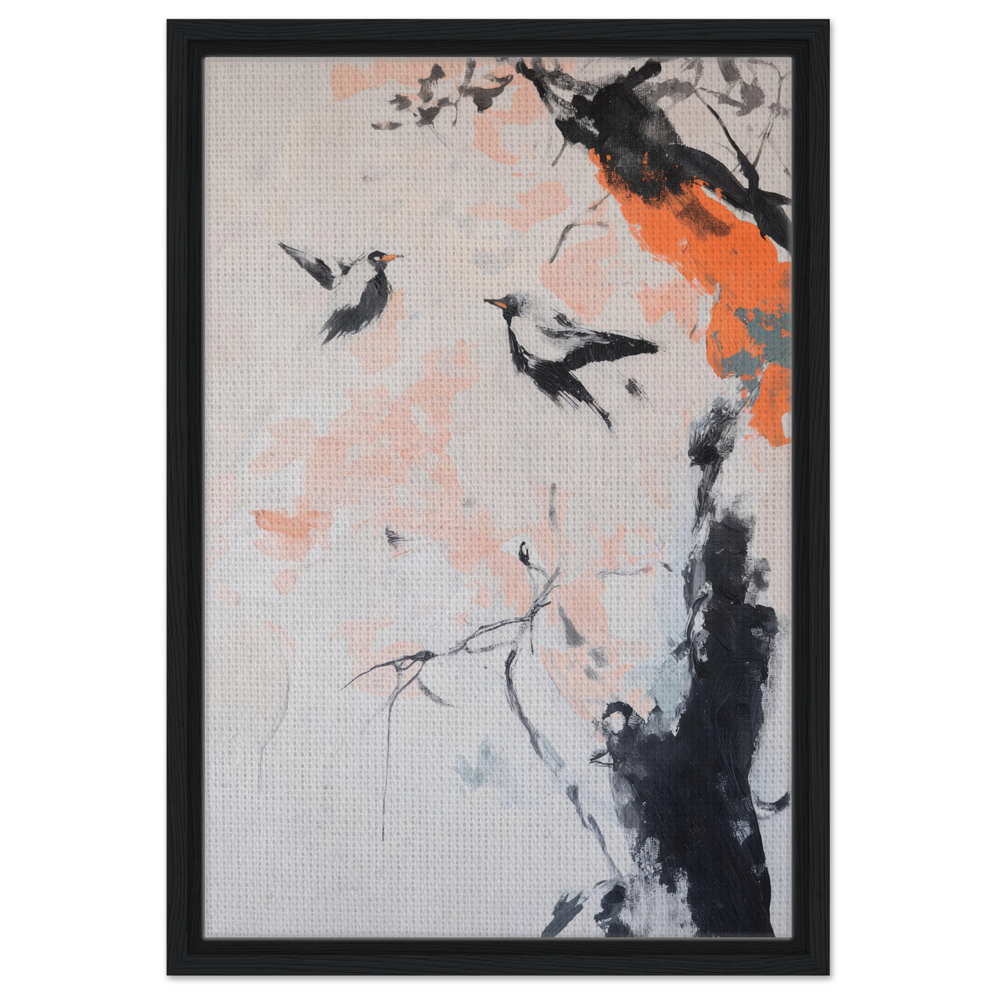 Framed Canvas Print of Feathered Silence Symphony with birds and branches in vibrant tones