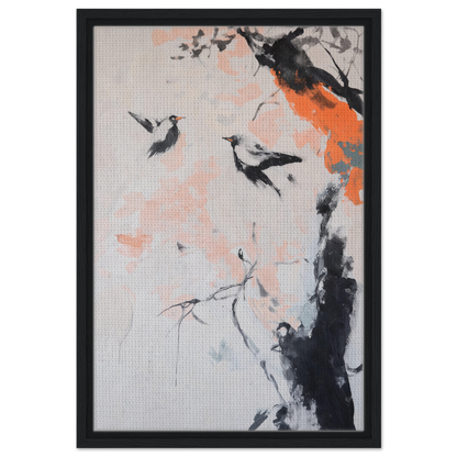 Framed Canvas Print of Feathered Silence Symphony with birds and branches in vibrant tones