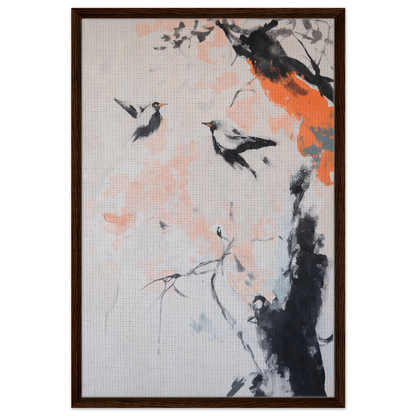 Framed canvas print of Feathered Silence Symphony with abstract ink wash birds and branches