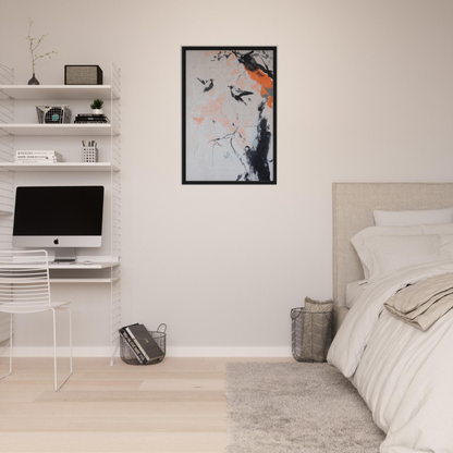 Minimalist bedroom featuring Feathered Silence Symphony room decor with abstract artwork