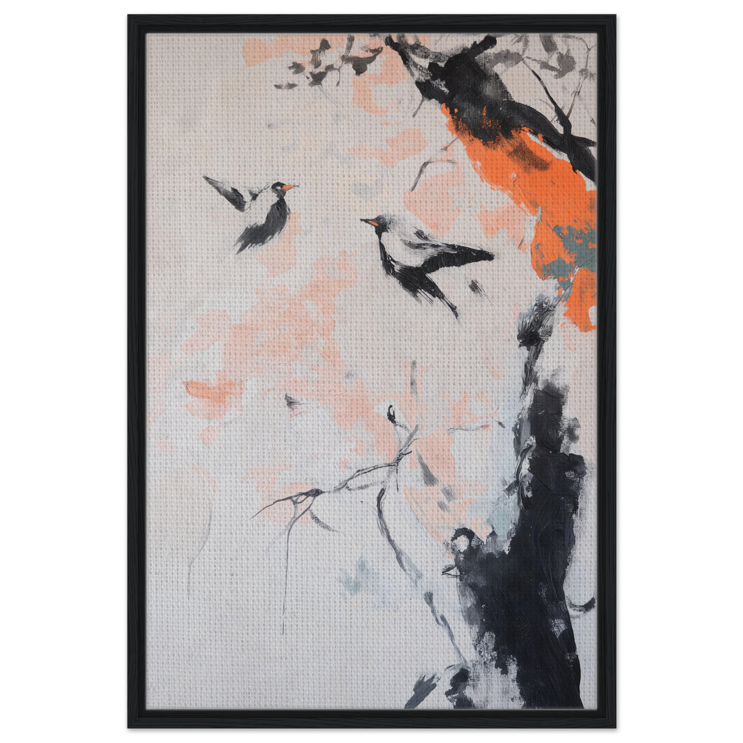 Abstract painting of birds and branches in black, orange, and gray for Feathered Silence Symphony