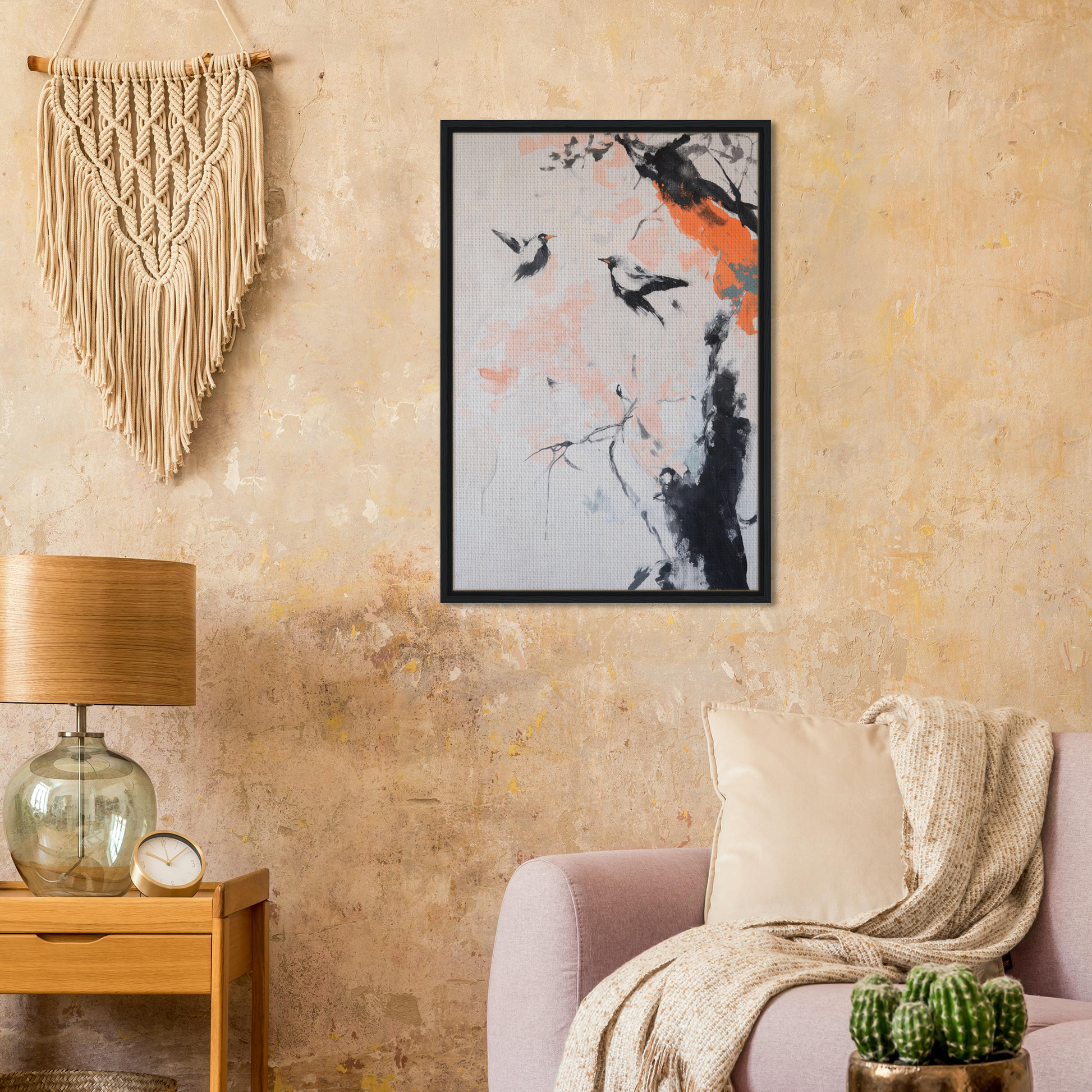 Framed canvas print of Feathered Silence Symphony with birds and orange-black splashes