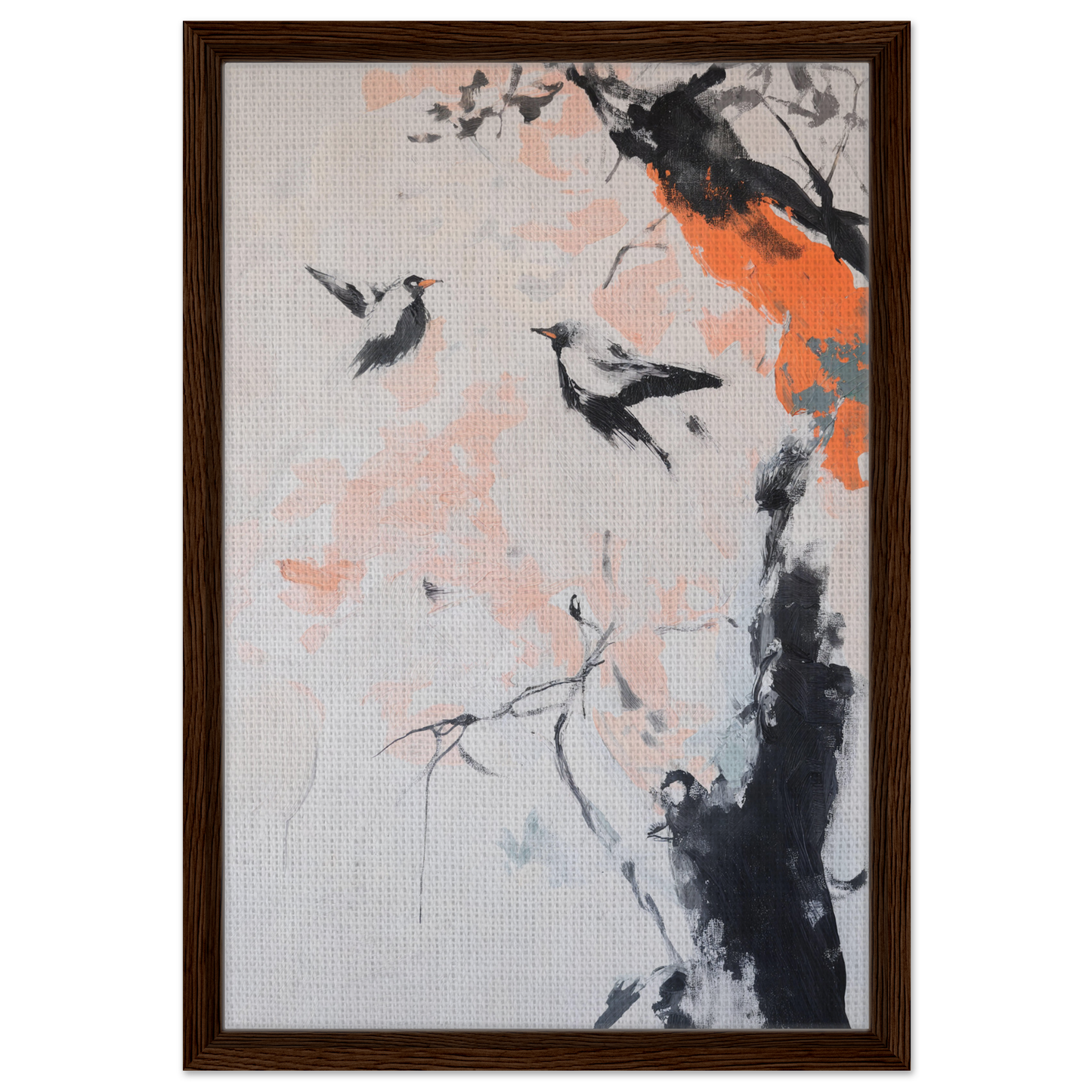 Framed canvas print of abstract birds on a branch from Feathered Silence Symphony