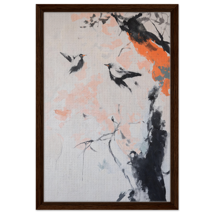 Framed canvas print of abstract birds on a branch from Feathered Silence Symphony