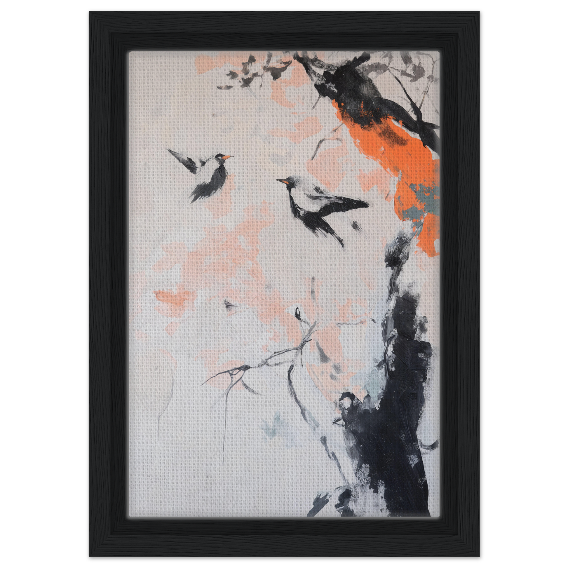 Framed canvas print of Feathered Silence Symphony featuring birds on an abstract tree branch