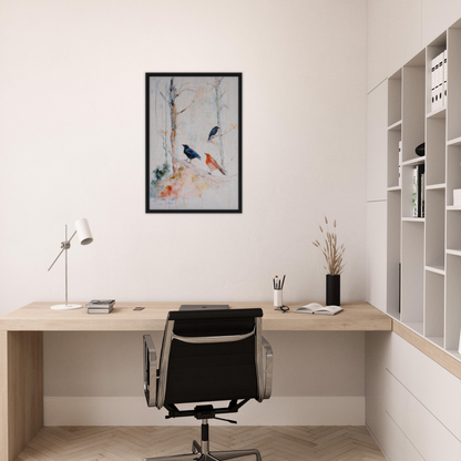 Minimalist home office with Feathered Solitudes Flow framed canvas art and wooden desk