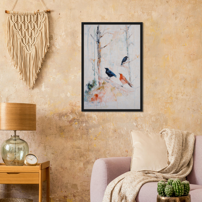 Framed canvas art of birds in winter, ideal for Feathered Solitudes Flow room decor