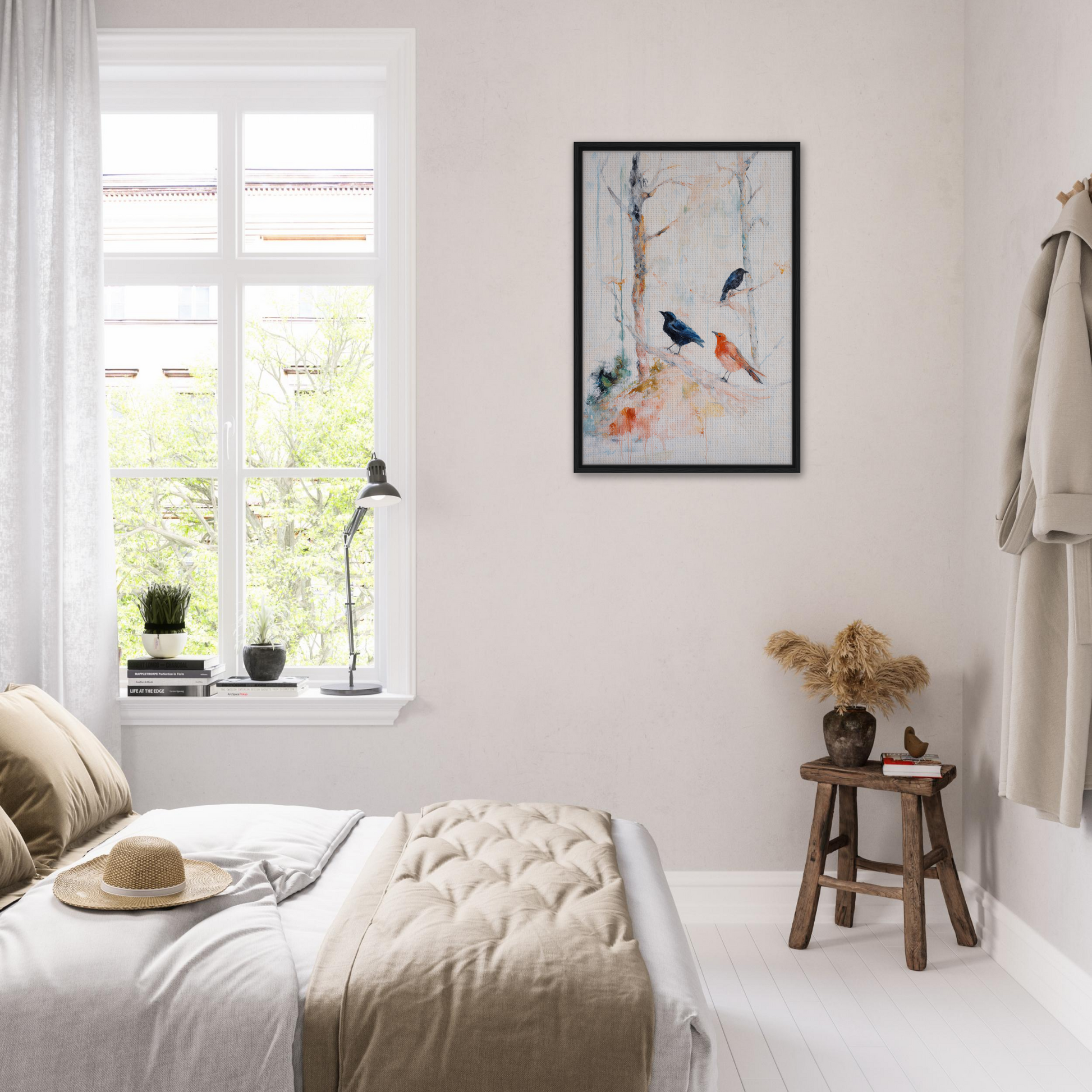 Bright, airy bedroom featuring Feathered Solitudes Flow framed canvas art in neutral decor