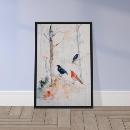 Framed canvas art of birds on branches, part of Feathered Solitudes Flow collection