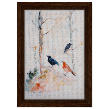 Framed watercolor painting of birds on branches for Feathered Solitudes Flow room decor