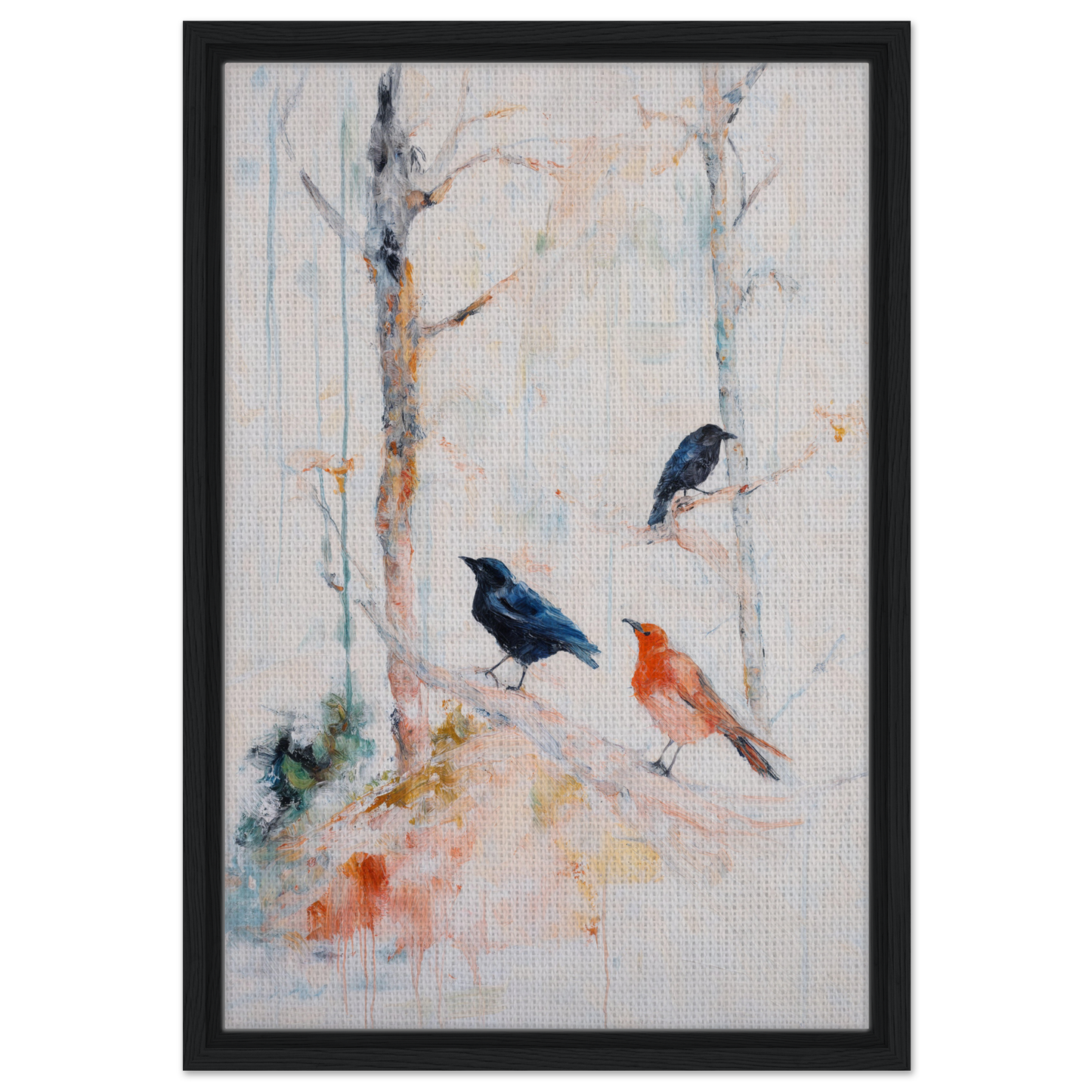 Framed canvas art of three birds on branches from Feathered Solitudes Flow collection