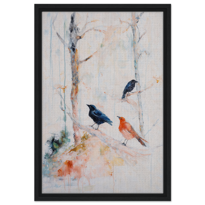 Framed canvas art of three birds on branches from Feathered Solitudes Flow collection