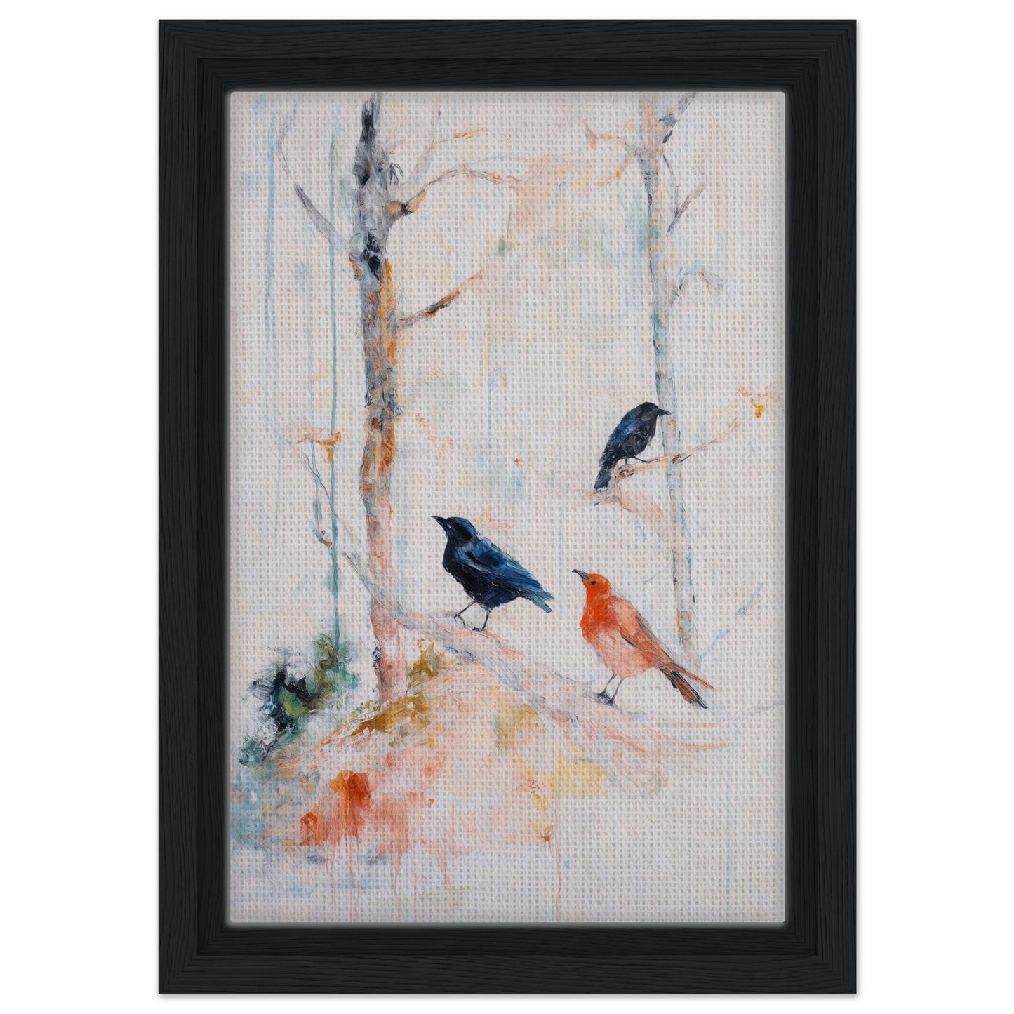 Framed watercolor painting of birds enhancing Feathered Solitudes Flow room decor