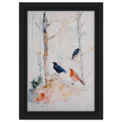 Framed watercolor painting of birds enhancing Feathered Solitudes Flow room decor