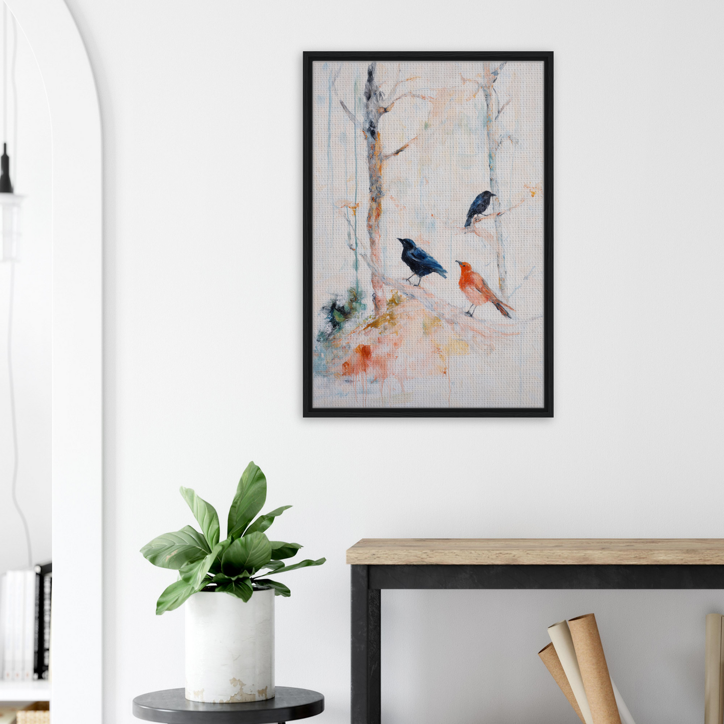 Framed canvas art of birds on branches in Feathered Solitudes Flow design