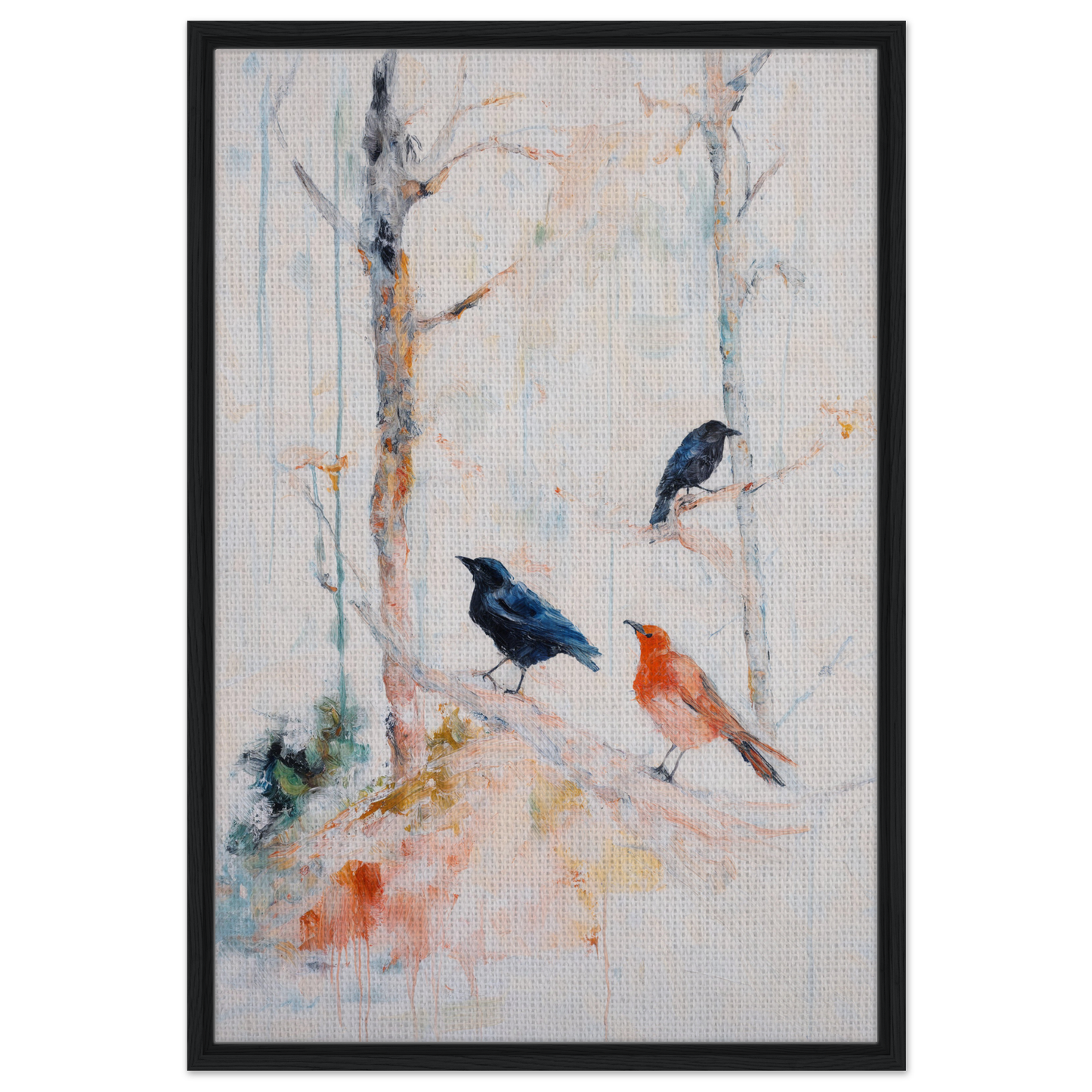 Painting of three colorful birds among pale tree trunks for Feathered Solitudes Flow framed canvas art