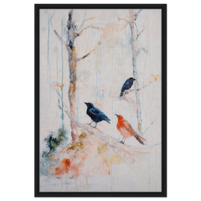 Painting of three colorful birds among pale tree trunks for Feathered Solitudes Flow framed canvas art