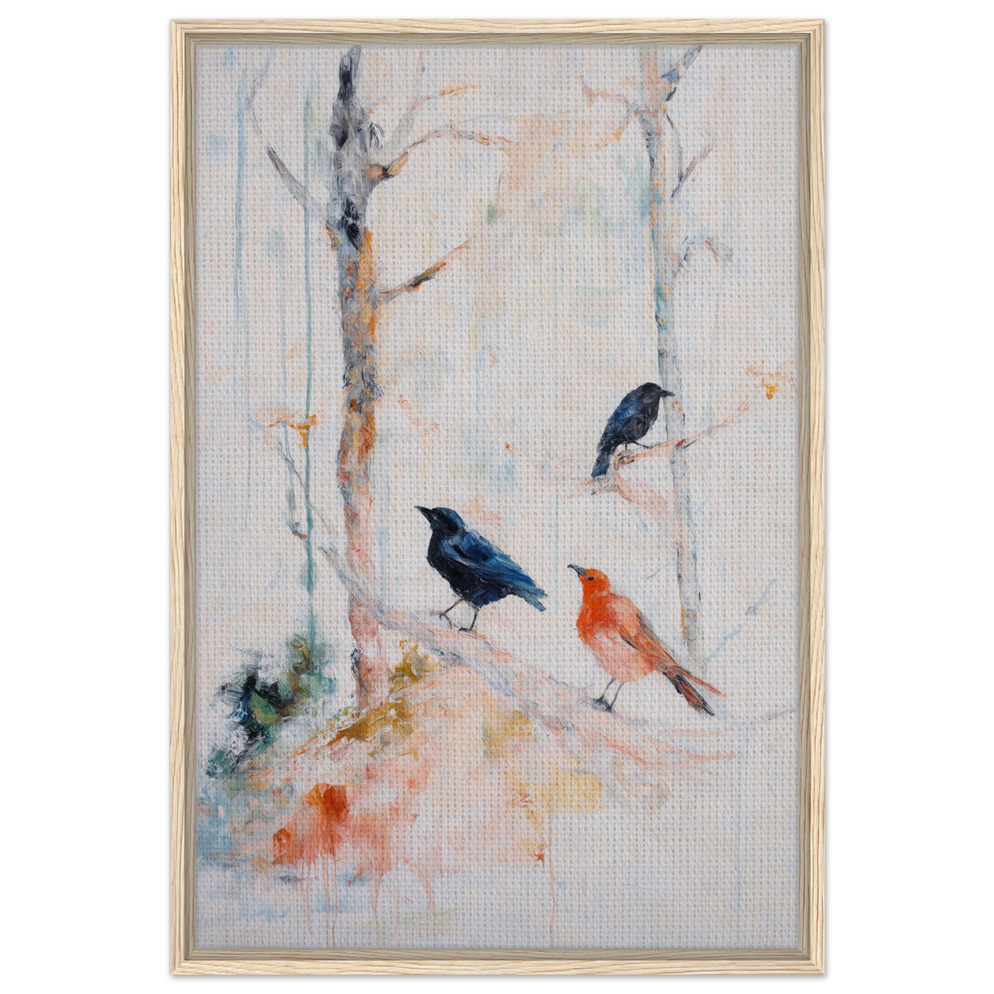 Framed canvas art of three birds perched in a tree, featured in Feathered Solitudes Flow