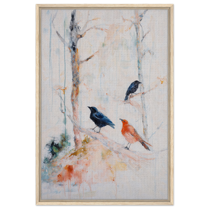 Framed canvas art of three birds perched in a tree, featured in Feathered Solitudes Flow