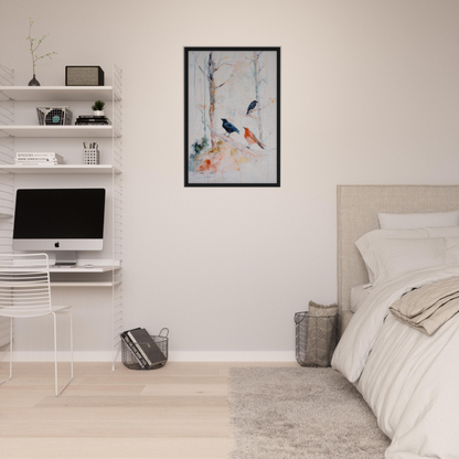 Minimalist bedroom featuring Feathered Solitudes Flow framed canvas art and modern decor