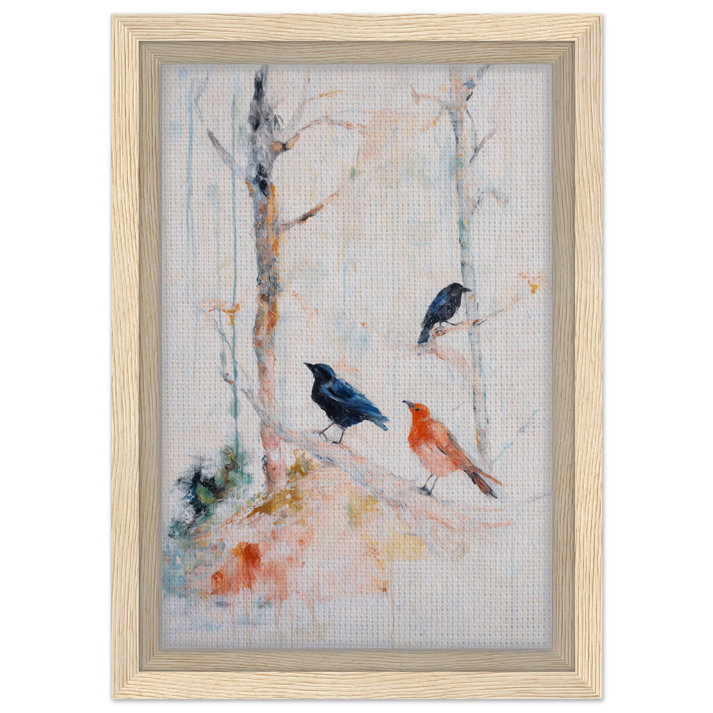 Framed canvas art of birds on branches in Feathered Solitudes Flow design