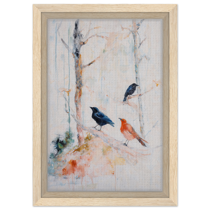 Framed canvas art of birds on branches in Feathered Solitudes Flow design