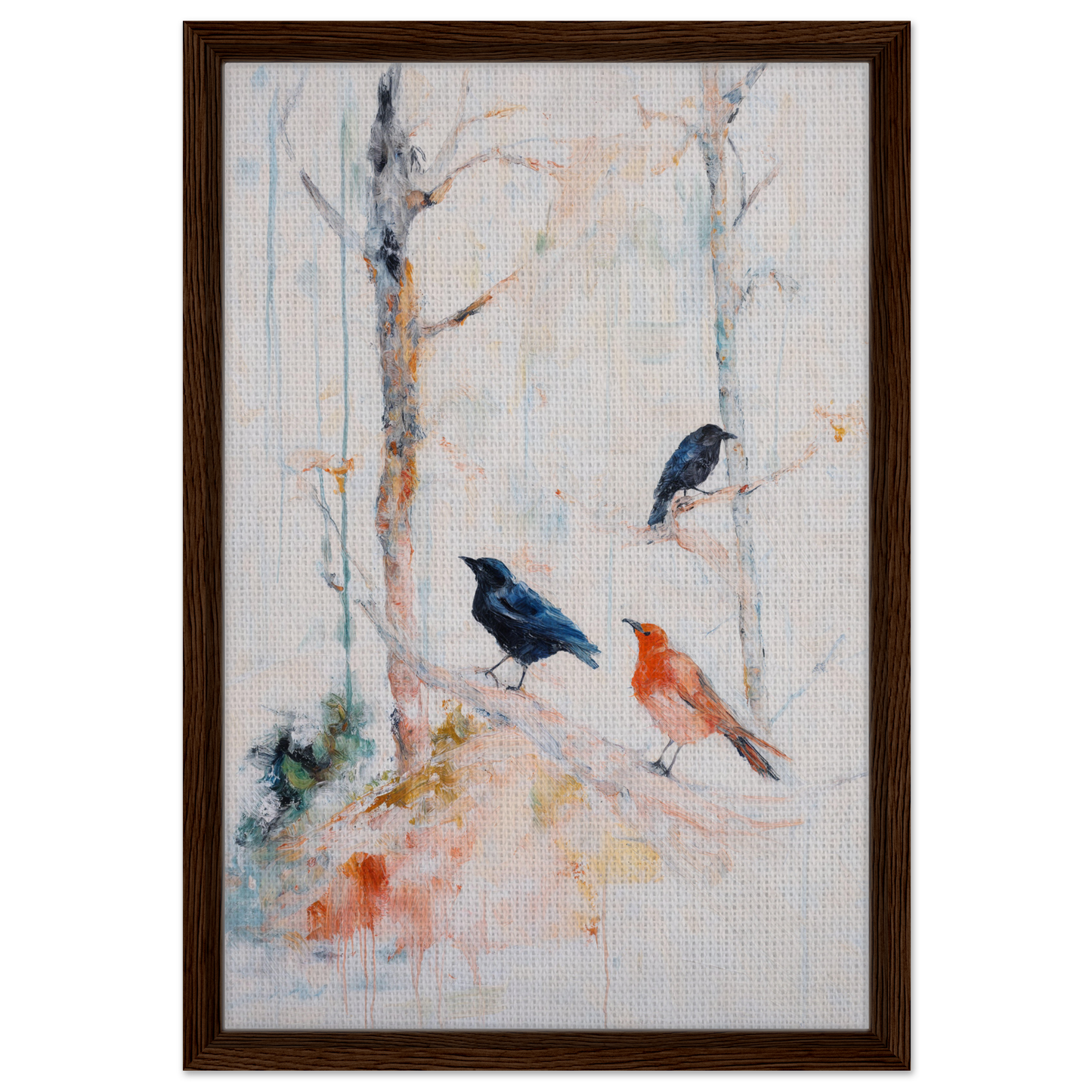 Framed canvas art titled Feathered Solitudes Flow depicting birds on tree branches